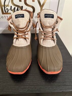 Sperry Olive and Coral Waterproof Duck Boots